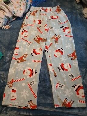Women's Light Grey Holiday Fleece Pajama Pants with Santa & Reindeer Print